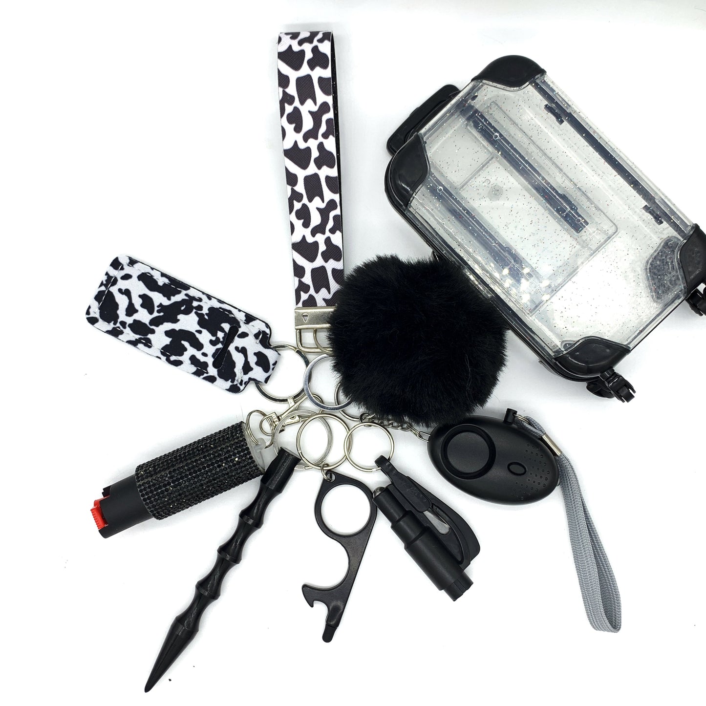 Black Cow Print 9pc Keychain Set