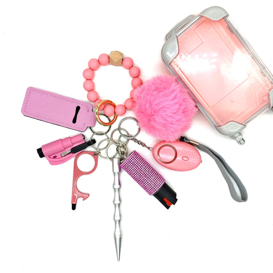 Pink Beaded 9pc Keychain Set