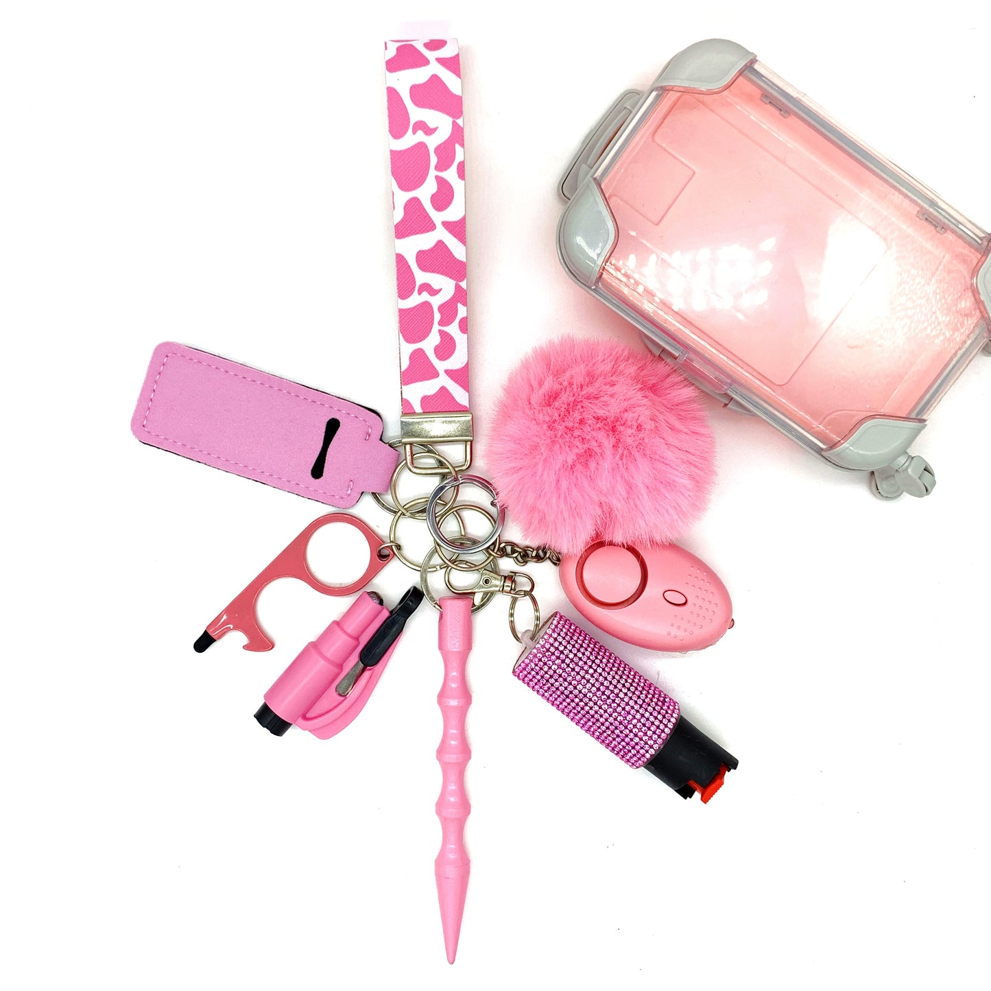 Pink Cow Print 9pc Keychain Set