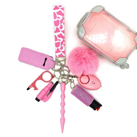 Pink Cow Print 9pc Keychain Set